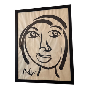 1970s Black and White Abstract Figure Portrait Painting by Peter Keil ~ Framed