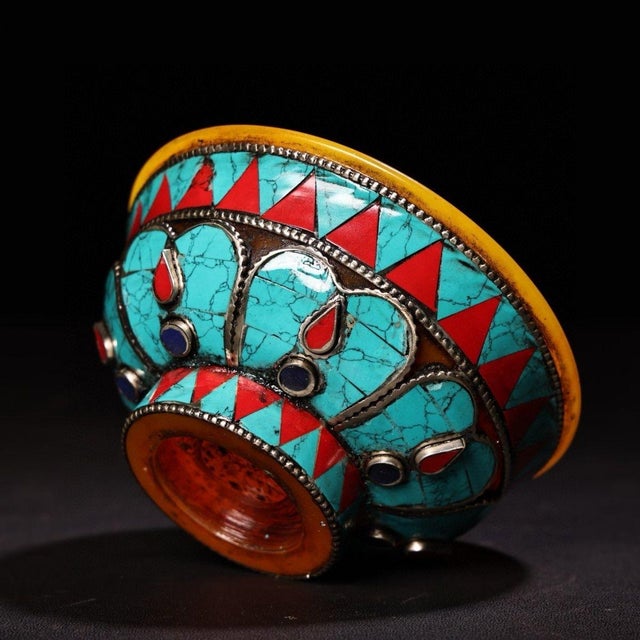 Tibetan/Nepalese Style Handmade Amber Butter Bowl — Inlaid Turquoise, Coral & Filigree Metal For Sale In Los Angeles - Image 6 of 9