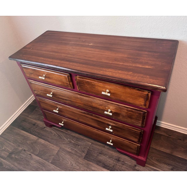 One-of-a-kind vintage five-drawer dresser, believed to date to the 1970s, fully refinished with a deep red painted case,...