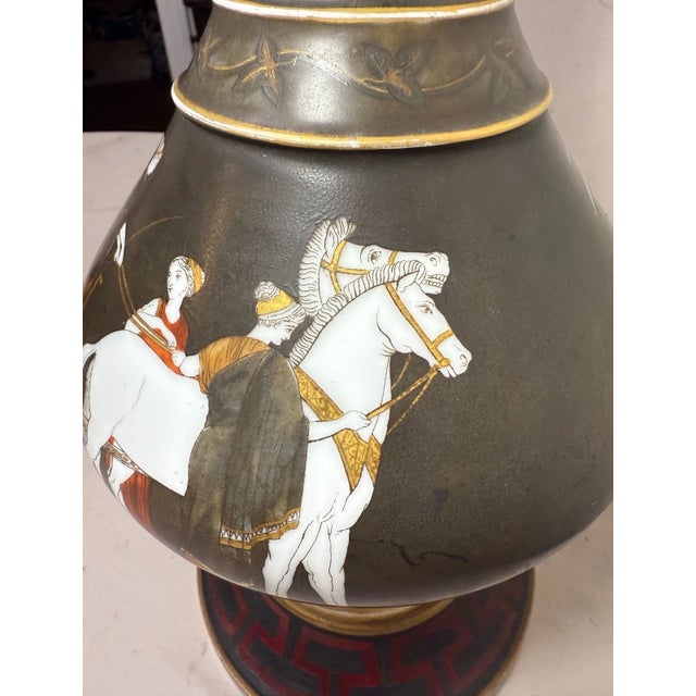 Glass Large Antique Hand Painted Bristol Glass Grecian Greece Ewer Electric Table Lamp For Sale - Image 7 of 14