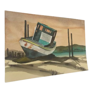 Vintage Landscape Artwork on Paper of Beached Boat