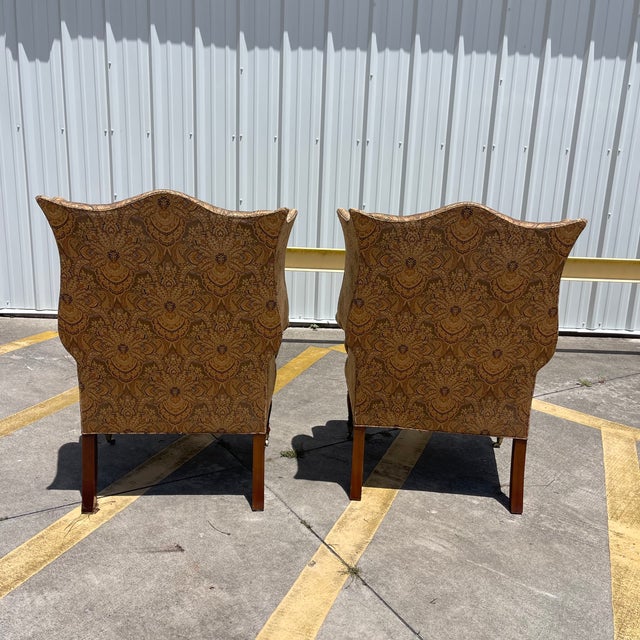 Victorian Style Damask Upholstery Wingback Chairs by Southwood, a Pair For Sale - Image 16 of 17