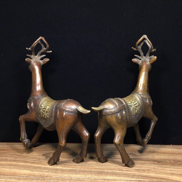 Pair of Vintage Gilt Bronze Deer Figures | Chinese Fu Lu Symbol | Chinoiserie Decor For Sale - Image 9 of 9