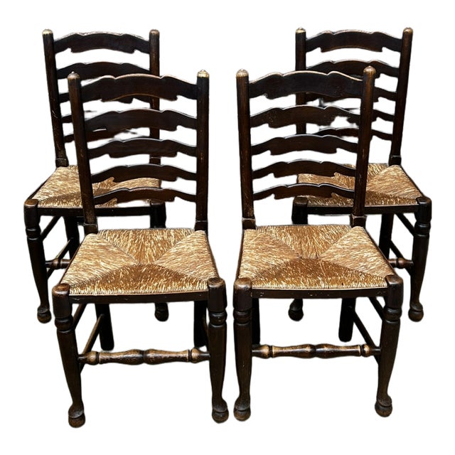 Rustic English Oak and Rush Seat Ladder Back Chairs, Late 19th Century, Set of 4 For Sale - Image 3 of 8