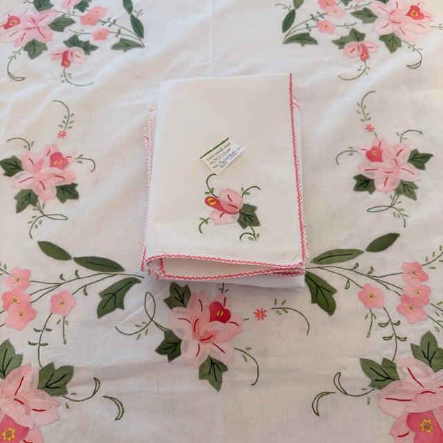 Mid 20th Century Hand-Appliquéd & Embroidered French Floral Tablecloth Napkin Set, Service for 12 For Sale - Image 12 of 12