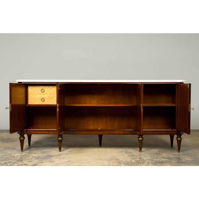 Wood Mid 20th Century French Louis XVI Style Mahogany Sideboard Buffet With Carrara Marble Top For Sale - Image 7 of 18