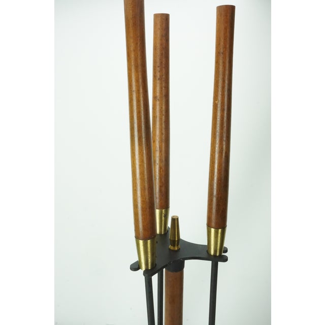 Seymour Manufacturing Company Seymour Mid Century Modern Fireplace Tool Set Wood Brass Black Iron 4 Piece Stand For Sale - Image 4 of 6