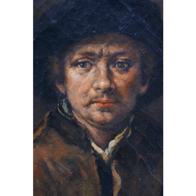 Vintage Oil Painting Self Portrait After Rembrandt Canvas Signed 16" For Sale - Image 6 of 10