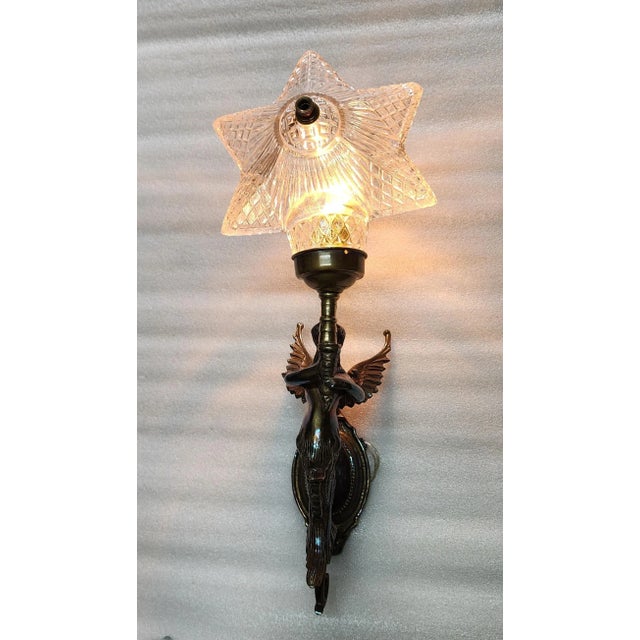 Pair Vintage Art Nouveau Deco Mermaid Wall Sconces in Brass & Star Glass Light For Sale - Image 4 of 7