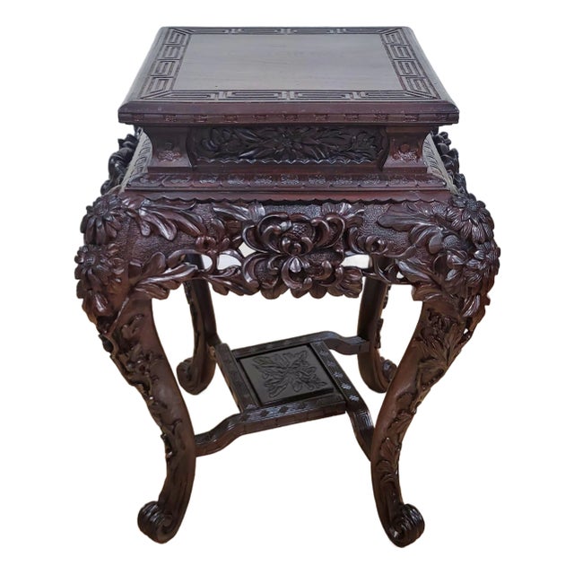 Antique Japanese Carved Lotus Flower Pedestal Table Plant Stand For Sale