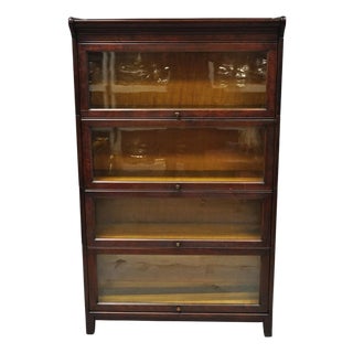 Antique Mahogany 4 Section Barrister Bookcase Glass Door Stacking Lawyer Cabinet For Sale
