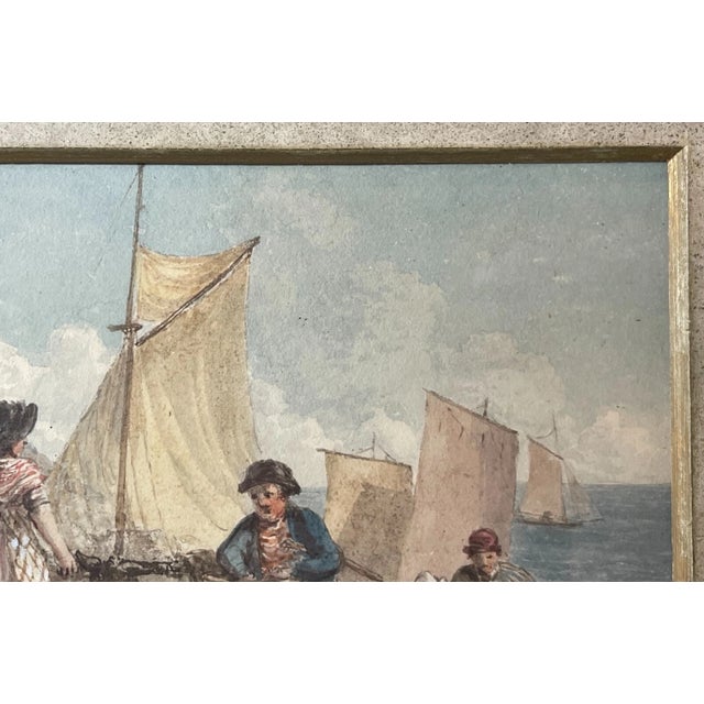 Brown Antique 1800's Original Watercolor Trading Landscape Nautical Sailboat Painting For Sale - Image 8 of 12