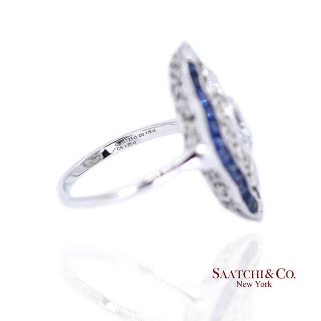 White Elegant 18k White Gold Natural Diamond and Blue Sapphire Ring, Size 6.25 For Sale - Image 8 of 10