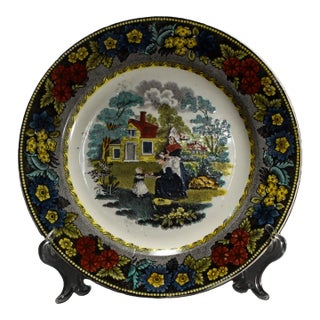 1830s Creil French Faience Polychrome Transfer Plate Two Women & Baby Girl For Sale
