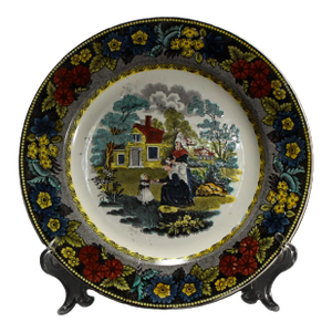 1830s Creil French Faience Polychrome Transfer Plate Two Women & Baby Girl