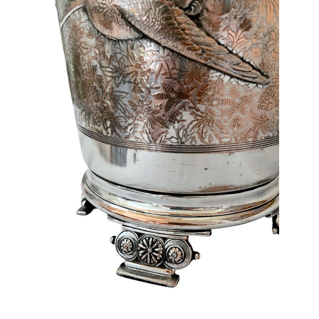 Silver Antique Late 19th Century Silver-Plated Oil Lamp Converted to Table Lamp With Bird & Floral Decoration, 23" For Sale - Image 8 of 14