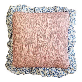 1990s Pink Ruffled Pillow With Blue Trim For Sale