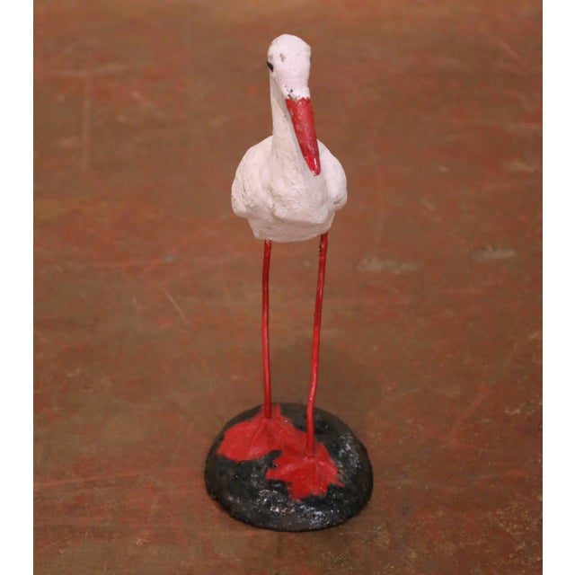 French Mid-Century French Hand-Painted Concrete and Iron Stork Garden Sculpture For Sale - Image 3 of 9