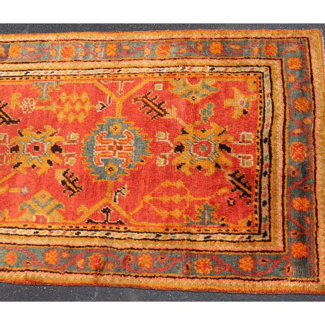 Red and Light Blue Wide Antique Turkish Oushak Gallery Runner For Sale - Image 15 of 18