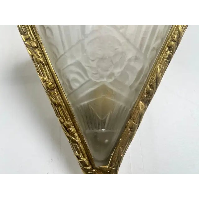 1930s 1930s French Art Deco Brass & Frosted Glass Shield Shaped Wall Sconce, a Pair For Sale - Image 5 of 14