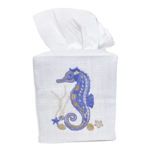 Blue Seahorse & Shells Tissue Box Cover in White Linen & Cotton, Embroidered
