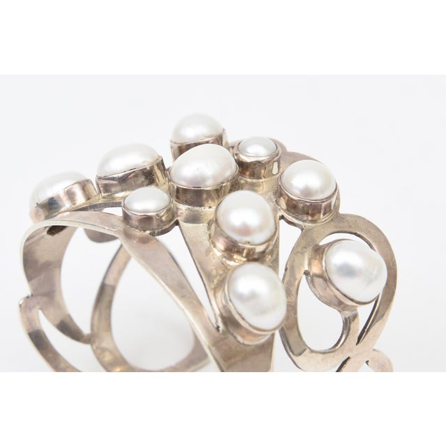 Modern Vintage Sterling Silver and Pearl Artisan Wide Cuff Bracelet, 1980's. For Sale - Image 3 of 11