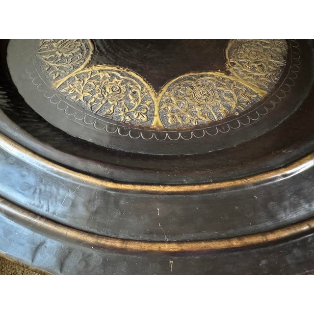 Early 20th Century Large 30” Persian Style Repousse Floral Brass Tray Black Bronze Finish For Sale - Image 5 of 12