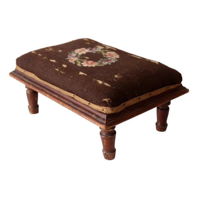 Antique Victorian Footstool With Needlepoint Upholstery For Sale