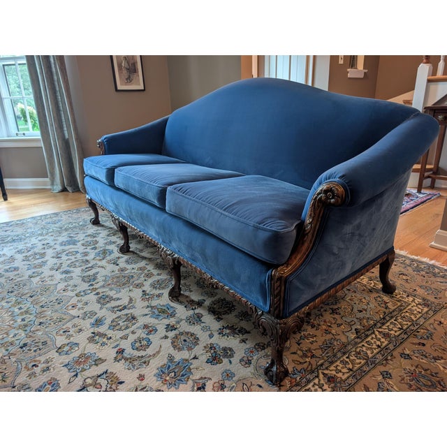 Restored Vintage Chippendale Style Camelback Sofa in Blue Velvet For Sale - Image 13 of 18