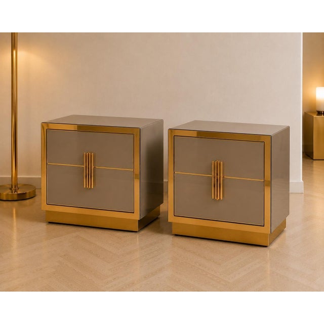 Italian Mid-Century Modern style Pair of Taupe Glass and Polished Brass Nightstands by Justfurnituress, 2026 Designed and...