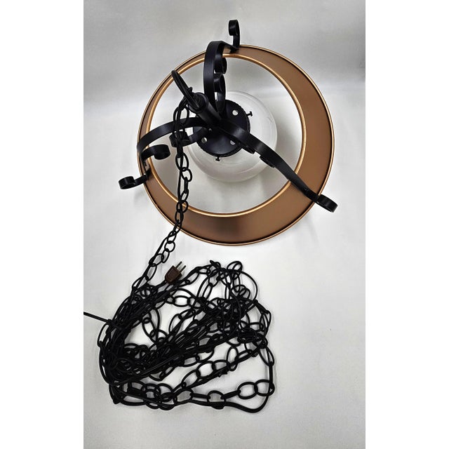 Wrought Iron + Enameled Steel & Glass Globe Swag Pendant, 1960's For Sale - Image 10 of 10