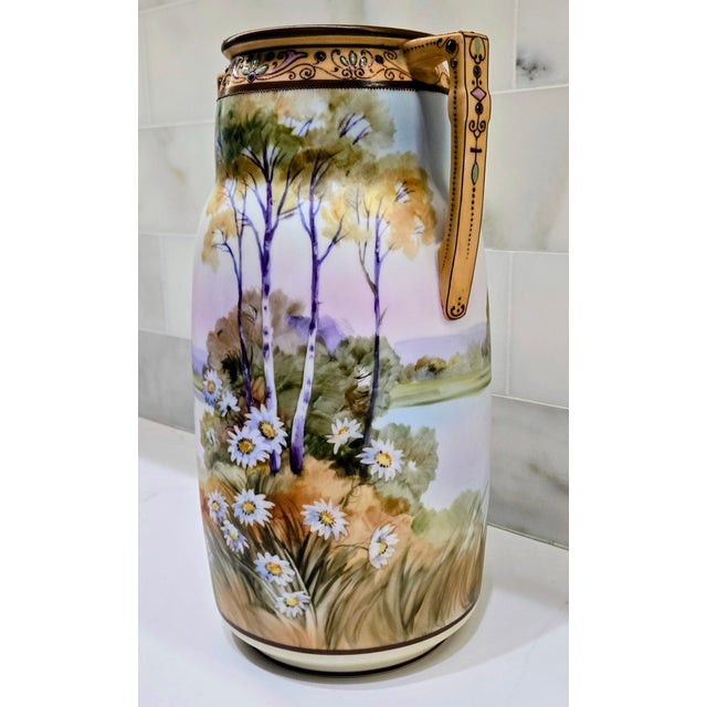 Antique Art Nouveau Hand-Painted Nippon Morimura Daisy Landscape Vase For Sale - Image 4 of 15