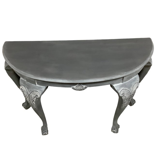 Gray Painted Console Foyer Table Half Round Demilune Painted Deep Gray Moody Shell Carving For Sale - Image 8 of 9