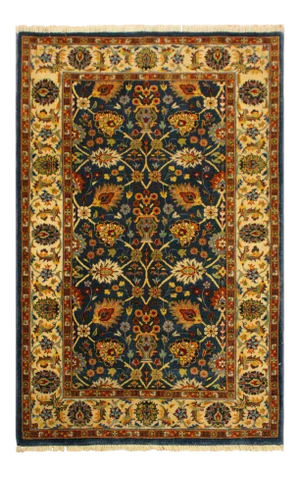 1980s Shabby Chic Teal/Ivory Turkish Hand-Knotted Rug -3'3 X 4'11