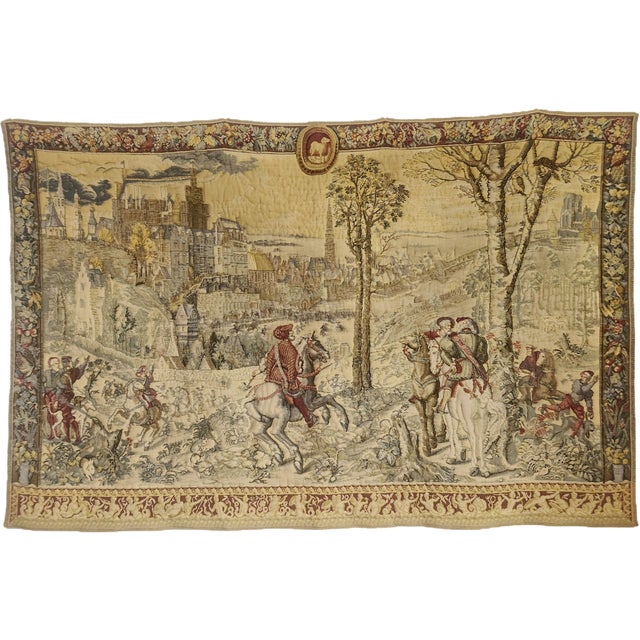 Medieval brussels "hunts of maximilian" belgian jacquard tapestry. this is a tapestry depicting a medieval hunting scene...