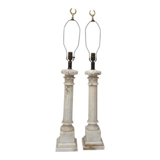 Vintage Italian Neoclassical Alabaster Column Table Lamps With Laurel Wreath Finials - a Pair For Sale
