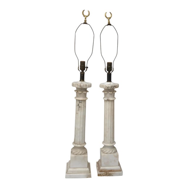 Vintage Italian Neoclassical Alabaster Column Table Lamps With Laurel Wreath Finials - a Pair For Sale