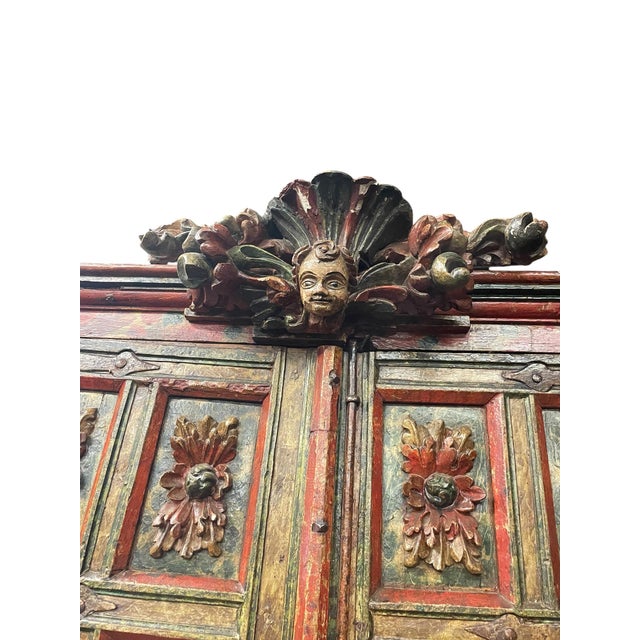 Wood Spanish Renaissance Sacristy Cabinet in Walnut with Stylized Acanthus Leaf Polychrome Decoration, Spain, 1600 For Sale - Image 7 of 8