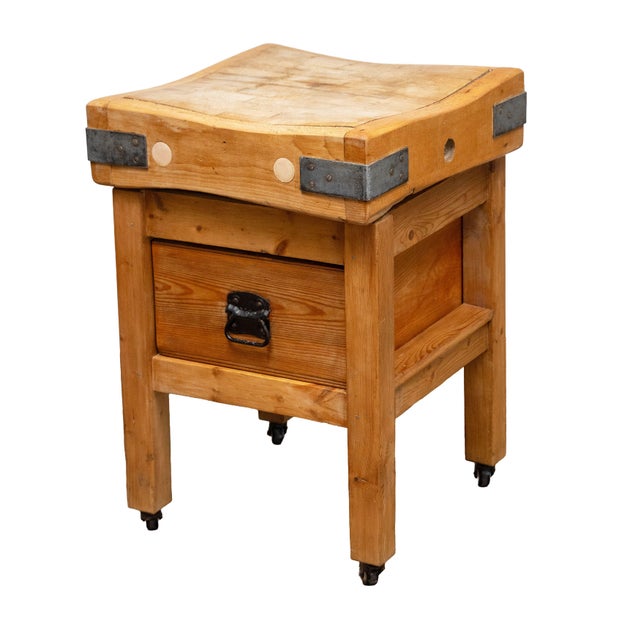 English Butcher's Chopping Block Table With Through Drawer on Casters From England For Sale - Image 3 of 9