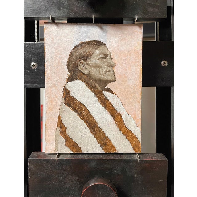This oil painting on board features a dignified figure draped in a striped blanket, set against a vibrant yellow...