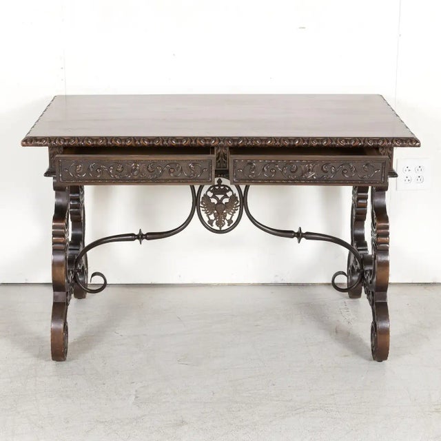 19th Century 19th Century Spanish Baroque Style Walnut Lyre Leg Writing Table or Side Table For Sale - Image 5 of 13