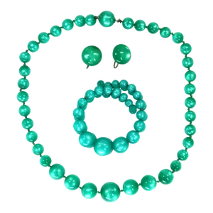 Vintage 1950s Emerald Moonglow Lucite Necklace Bracelet Earrings - Set of 4