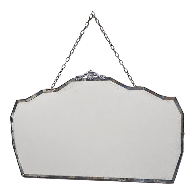 Art Deco Beveled Wall Mirror Chain Hung Foxed Glass Silver Crest 22 Inch For Sale