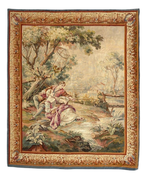 Antique French Aubusson Lovers Who Fish Tapestry, 1890s