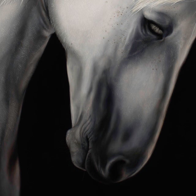 This artwork features a striking portrayal of a white horse, its head bowed in a moment of quiet reflection. The smooth,...