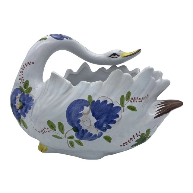 Vintage Ceramic Floral Swan Cachepot For Sale