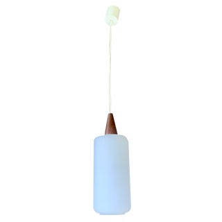 Scandinavian Opaline and Teak Pendant Lamp, 1960s For Sale