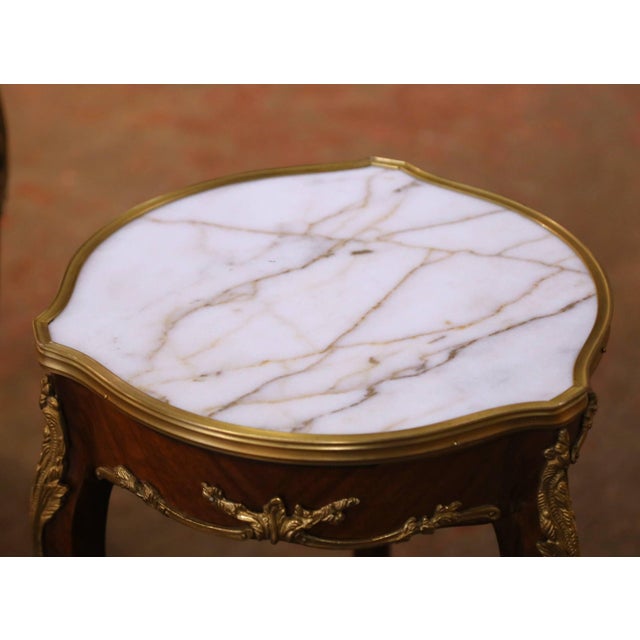 Wood Pair of Mid-Century French Louis XV Marble Top Mahogany and Ormolu Side Tables For Sale - Image 7 of 13