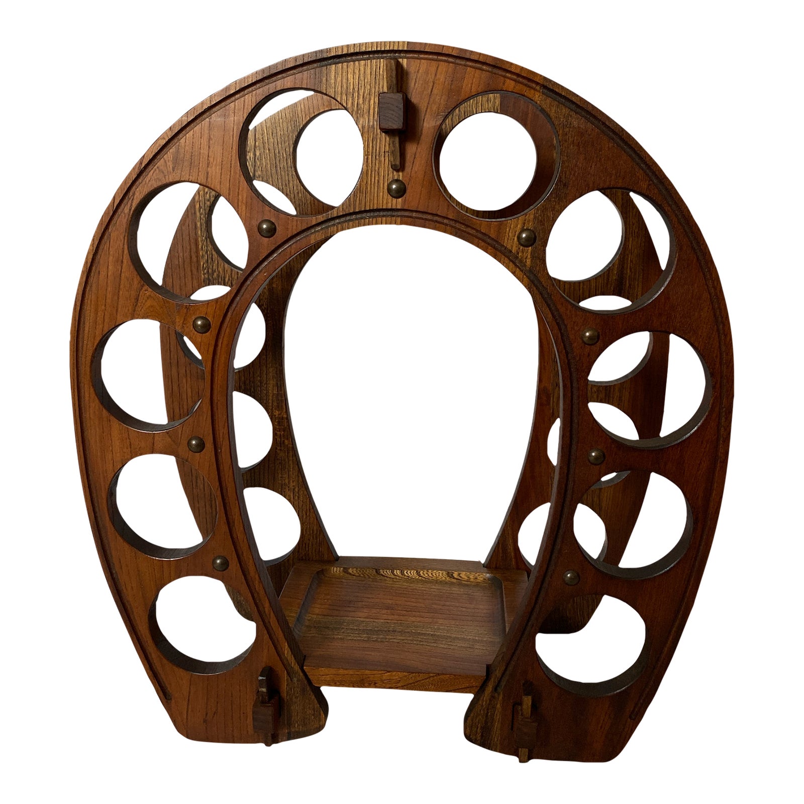 Mid Century Solid Wood Horseshoe Wine Liquor 10 Bottle Rack With Shelf