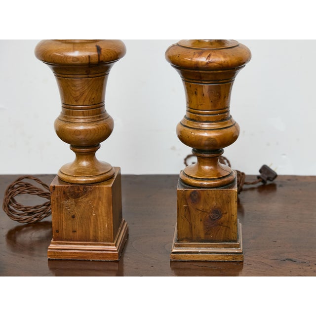 Brown Mid 20th Century Mid Century Modern English Turned Pine Table Lamps with Plinth Bases - a Pair For Sale - Image 8 of 12